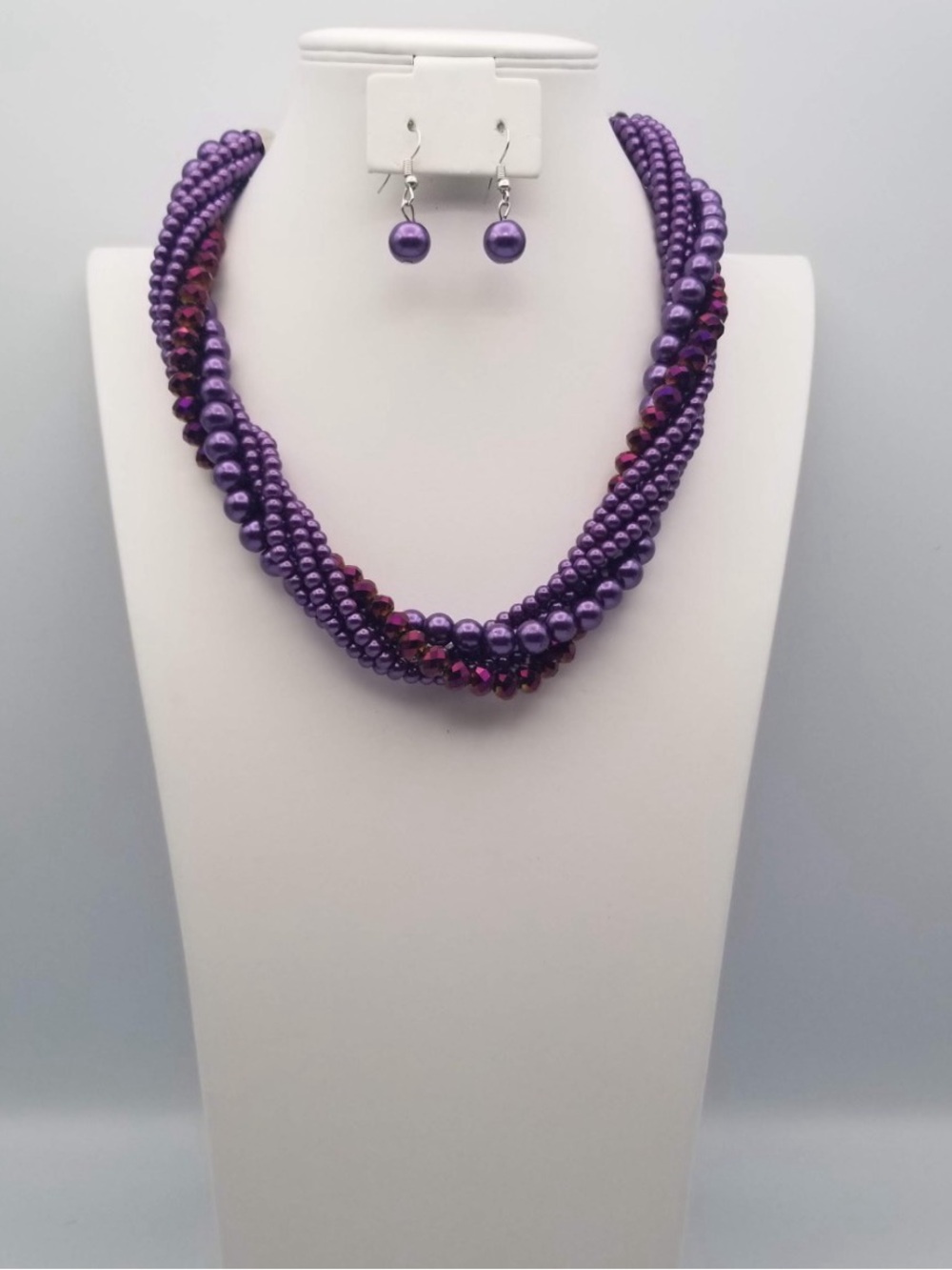 Twisted Purple Beaded Necklace with Matching Drop Earrings
